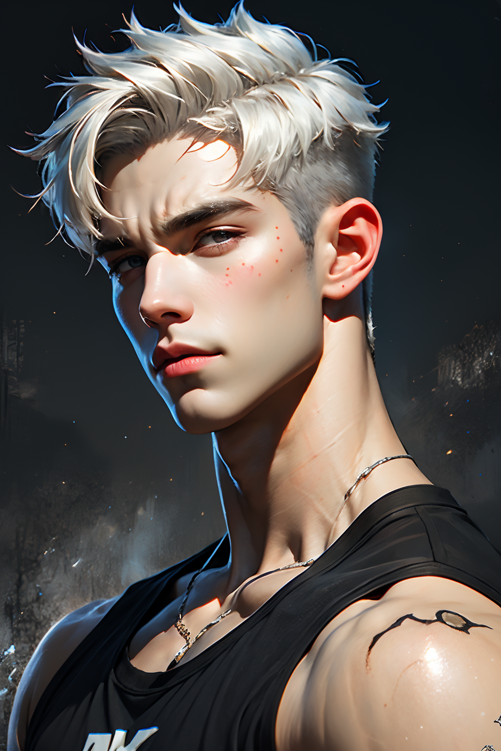 01160-3479629281-_lora_漂亮男孩_0.7_,a man with a white hair and a black shirt on a gray background with a tattoo on his arm.png